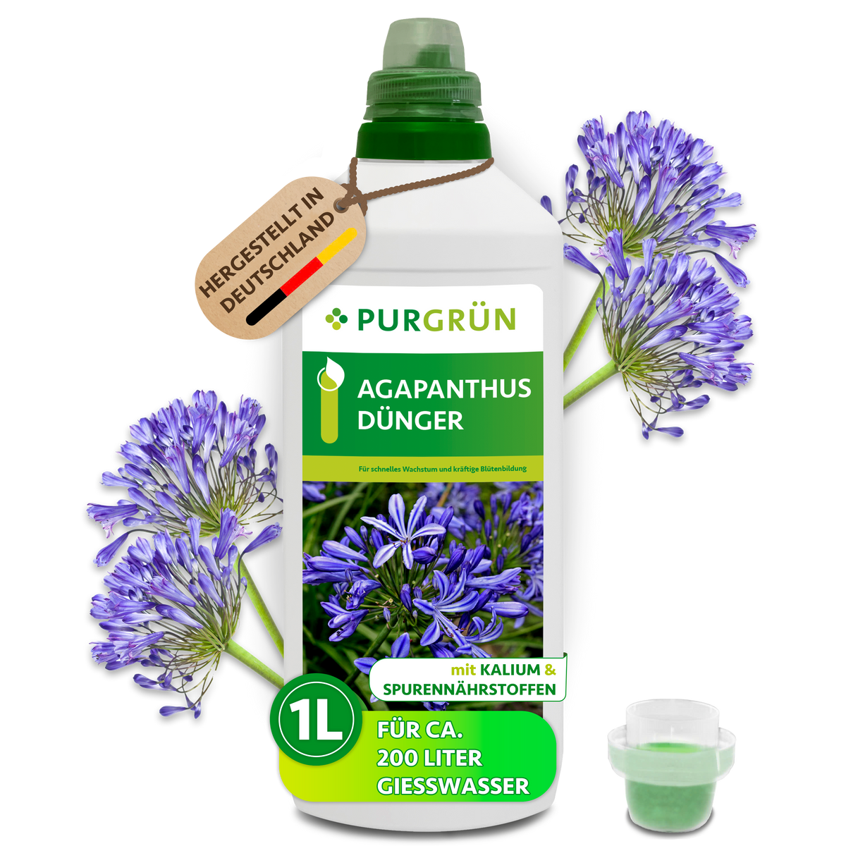 Purgrün Agapanthus-Dünger in der 1-Liter-Flasche mit Dosierkappe, umgeben von violetten Schmucklilien.