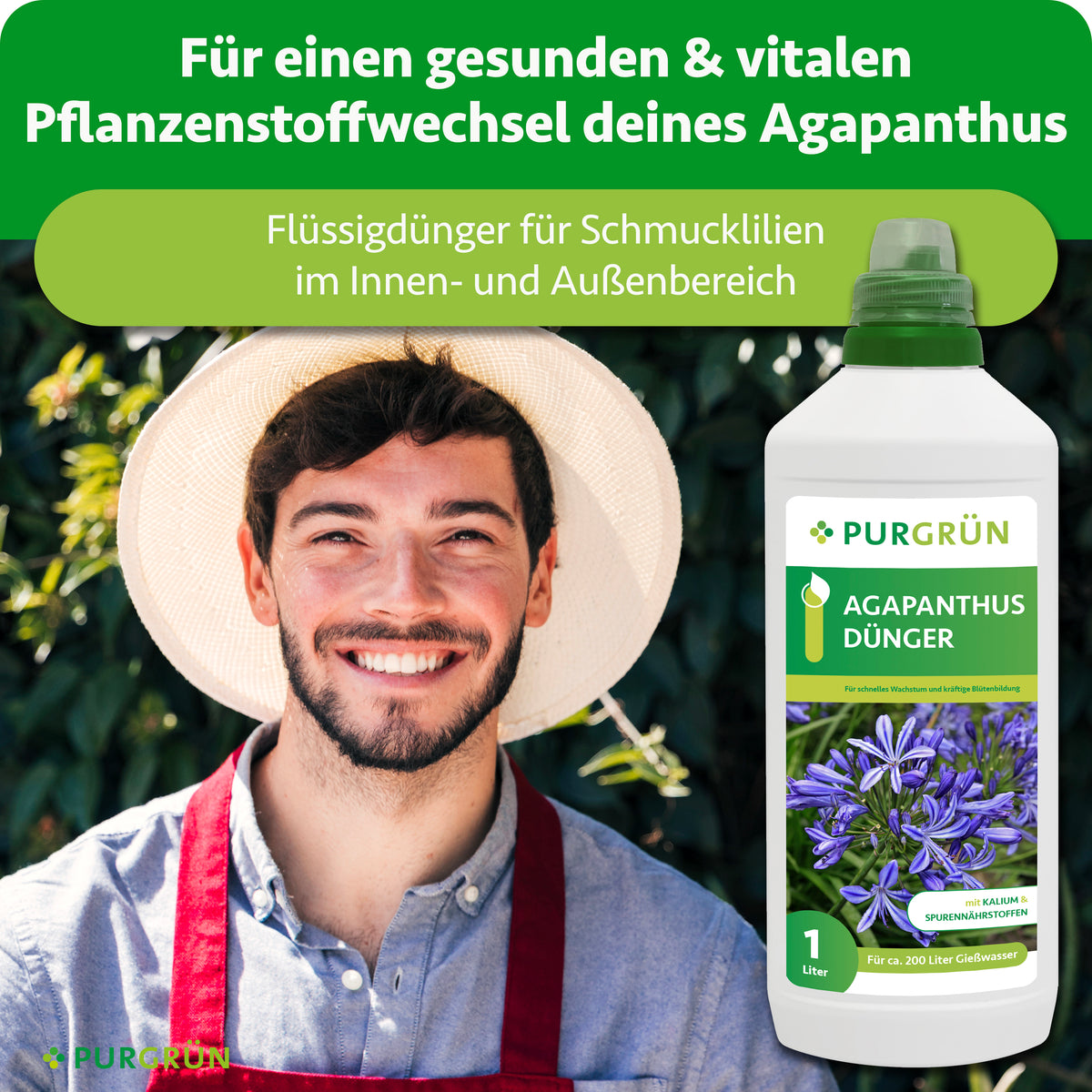 Lächelnder Gärtner neben Purgrün Flüssigdünger für einen gesunden, vitalen Pflanzenstoffwechsel von Schmucklilien im Innen- und Außenbereich.