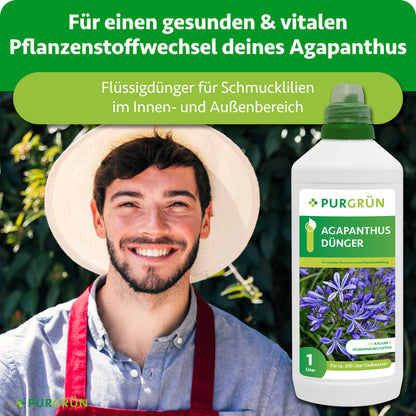Lächelnder Gärtner neben Purgrün Flüssigdünger für einen gesunden, vitalen Pflanzenstoffwechsel von Schmucklilien im Innen- und Außenbereich.
