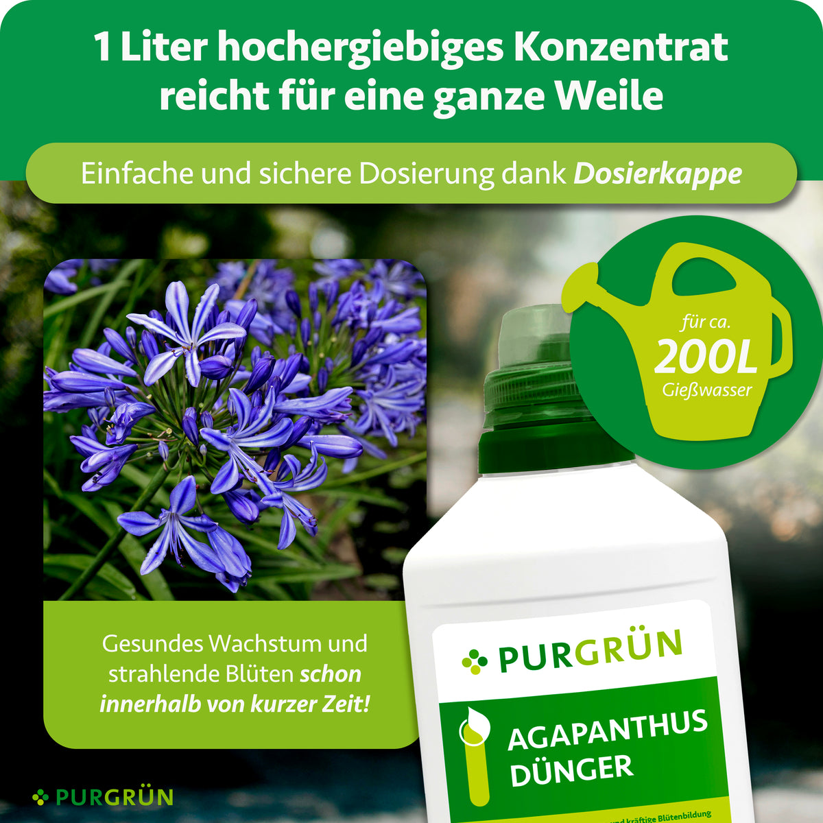 1 Liter hochergiebiges Konzentrat reicht für ca. 200 Liter Gießwasser; die Dosierkappe ermöglicht eine einfache und sichere Dosierung.