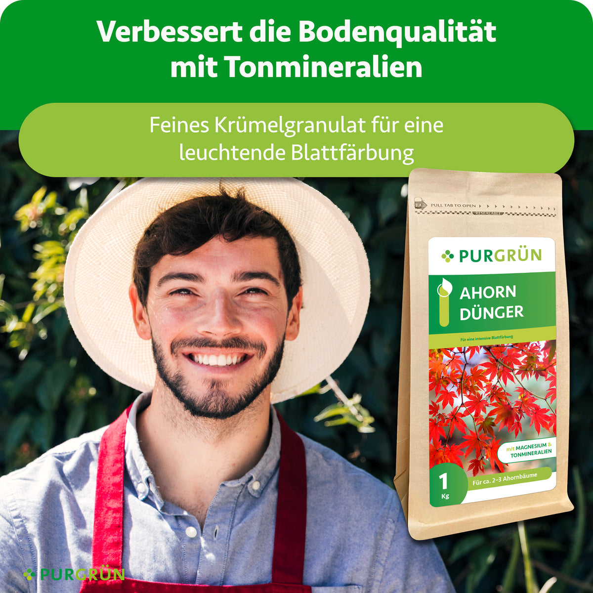 Ein lächelnder Gärtner neben dem Düngerbeutel; Tonmineralien verbessern die Bodenqualität, feines Krümelgranulat fördert eine leuchtende Blattfärbung.