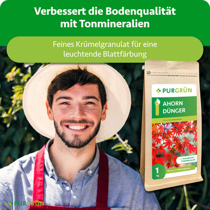 Ein lächelnder Gärtner neben dem Düngerbeutel; Tonmineralien verbessern die Bodenqualität, feines Krümelgranulat fördert eine leuchtende Blattfärbung.