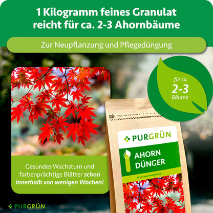 1 kg feines Granulat reicht für ca. 2–3 Ahornbäume und eignet sich zur Neupflanzung und Pflegedüngung.