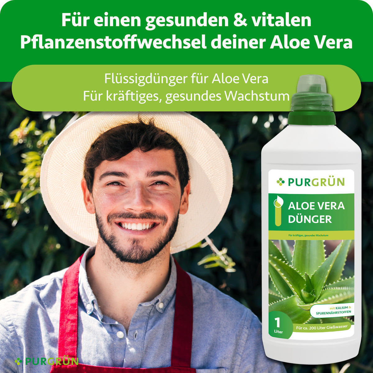 Flüssigdünger für Aloe Vera neben einem lächelnden Mann mit Gartenhut; beworben für einen gesunden, vitalen Pflanzenstoffwechsel und kräftiges Wachstum.