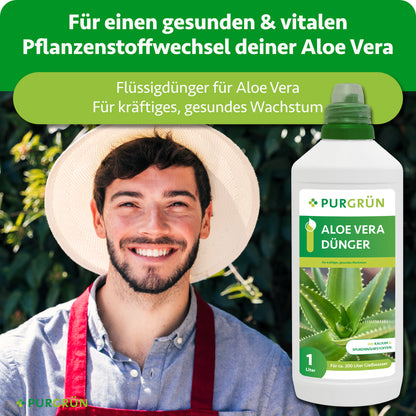Flüssigdünger für Aloe Vera neben einem lächelnden Mann mit Gartenhut; beworben für einen gesunden, vitalen Pflanzenstoffwechsel und kräftiges Wachstum.