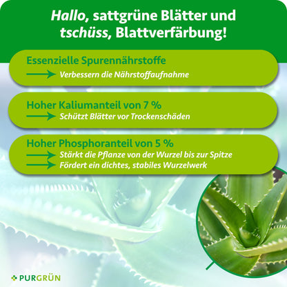 Essenzielle Spurennährstoffe verbessern die Nährstoffaufnahme, 7 % Kalium schützen Blätter vor Trockenschäden. 5 % Phosphor stärken die Pflanze und fördern ein dichtes, stabiles Wurzelwerk.
