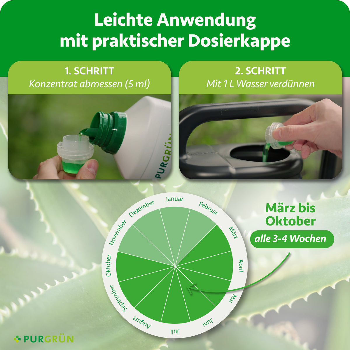 Anwendung: 5 ml Konzentrat mit der Dosierkappe abmessen und mit 1 L Wasser verdünnen. Von März bis Oktober alle 3–4 Wochen düngen.