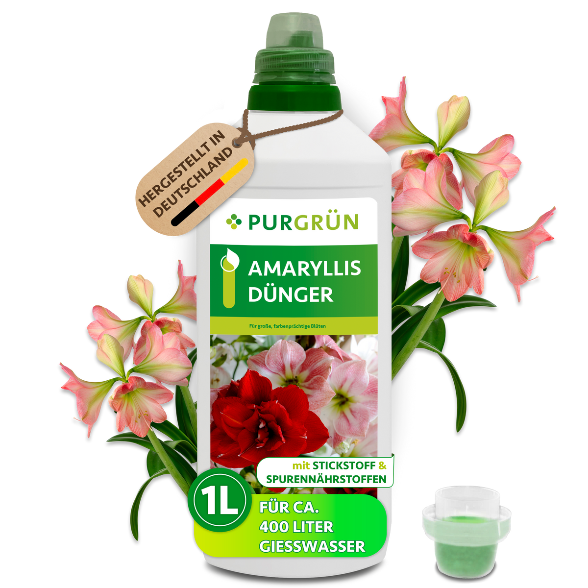 Purgrün Amaryllis-Dünger in der 1-Liter-Flasche mit Dosierkappe, ausreichend für ca. 400 Liter Gießwasser.