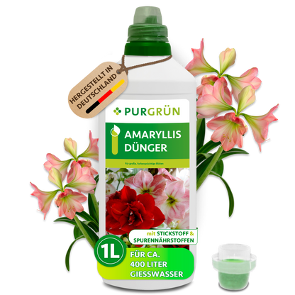 Purgrün Amaryllis-Dünger in der 1-Liter-Flasche mit Dosierkappe, ausreichend für ca. 400 Liter Gießwasser.