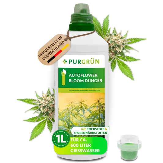 Purgrün Autoflower-Bloom-Dünger in der 1-Liter-Flasche mit Dosierkappe; reicht für ca. 600 Liter Gießwasser.