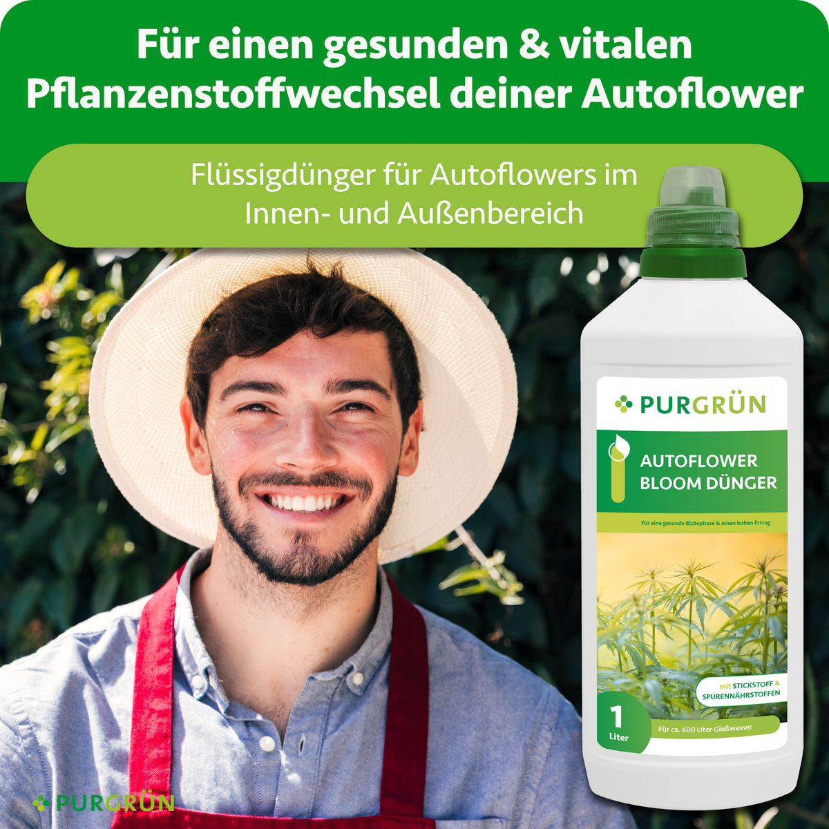 Autoflower-Bloom-Dünger für den Innen- und Außenbereich neben einem Gärtner; beworben für einen gesunden und vitalen Pflanzenstoffwechsel.