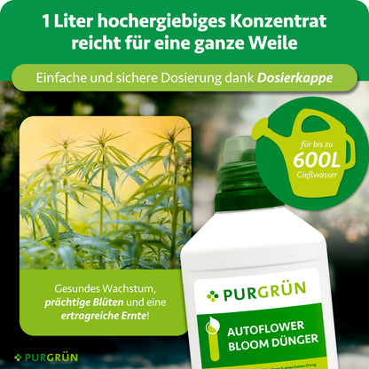 1 Liter hochergiebiges Konzentrat mit Dosierkappe reicht für bis zu 600 Liter Gießwasser.