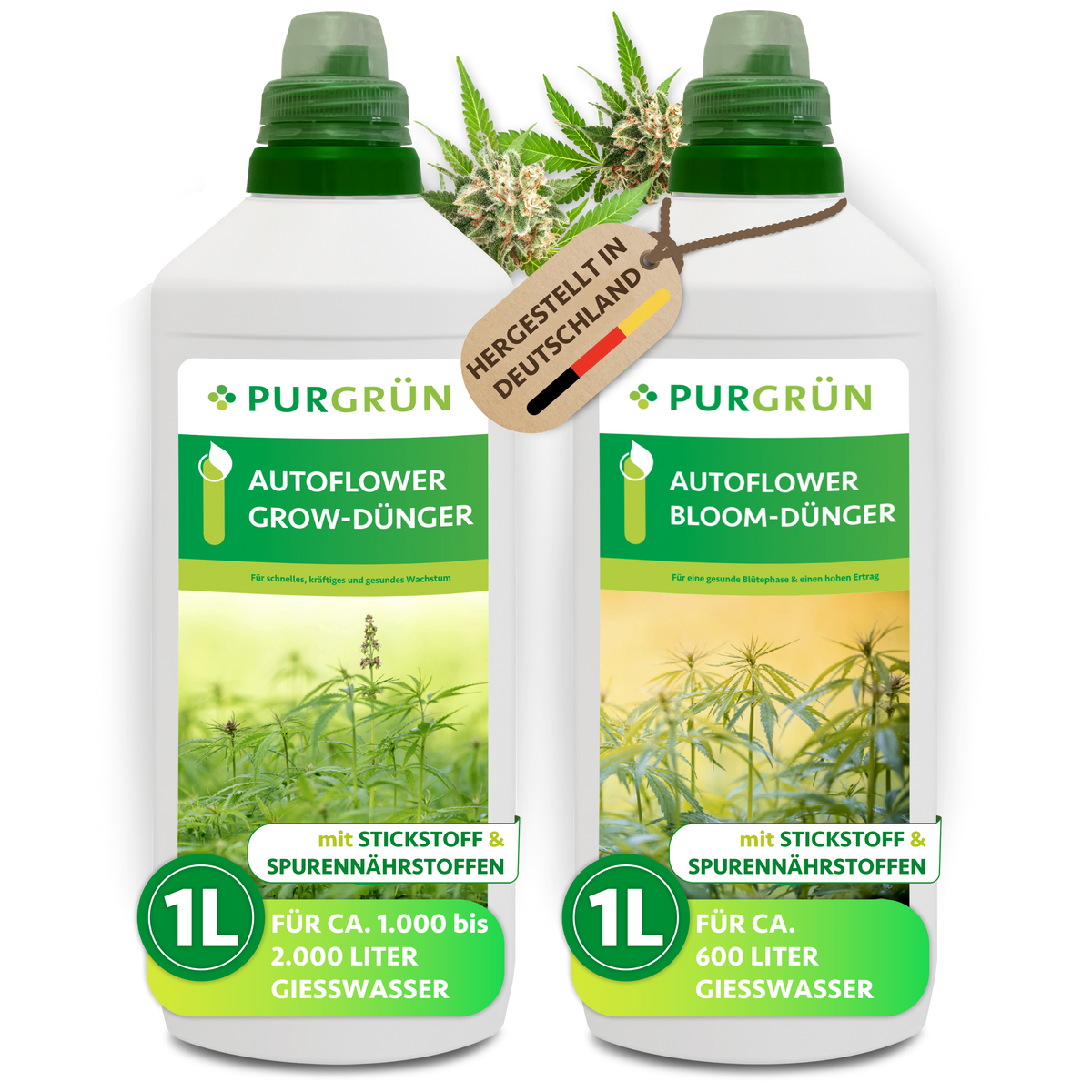 Zwei 1-Liter-Flaschen des Purgrün Autoflower-Dünger-Sets mit der Aufschrift „Grow-Dünger“ und „Bloom-Dünger“ sind mit grünen Deckeln, Bildern von Cannabispflanzen und der Aufschrift „Hergestellt in Deutschland“ versehen.