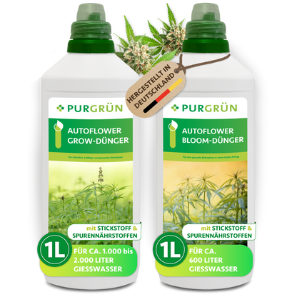 Zwei 1-Liter-Flaschen des Purgrün Autoflower-Dünger-Sets mit der Aufschrift „Grow-Dünger“ und „Bloom-Dünger“ sind mit grünen Deckeln, Bildern von Cannabispflanzen und der Aufschrift „Hergestellt in Deutschland“ versehen.