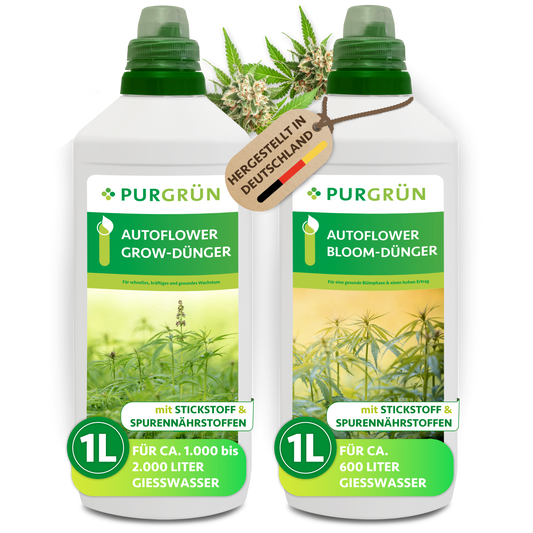 Zwei 1-Liter-Flaschen des Purgrün Autoflower-Dünger-Sets mit der Aufschrift „Grow-Dünger“ und „Bloom-Dünger“ sind mit grünen Deckeln, Bildern von Cannabispflanzen und der Aufschrift „Hergestellt in Deutschland“ versehen.