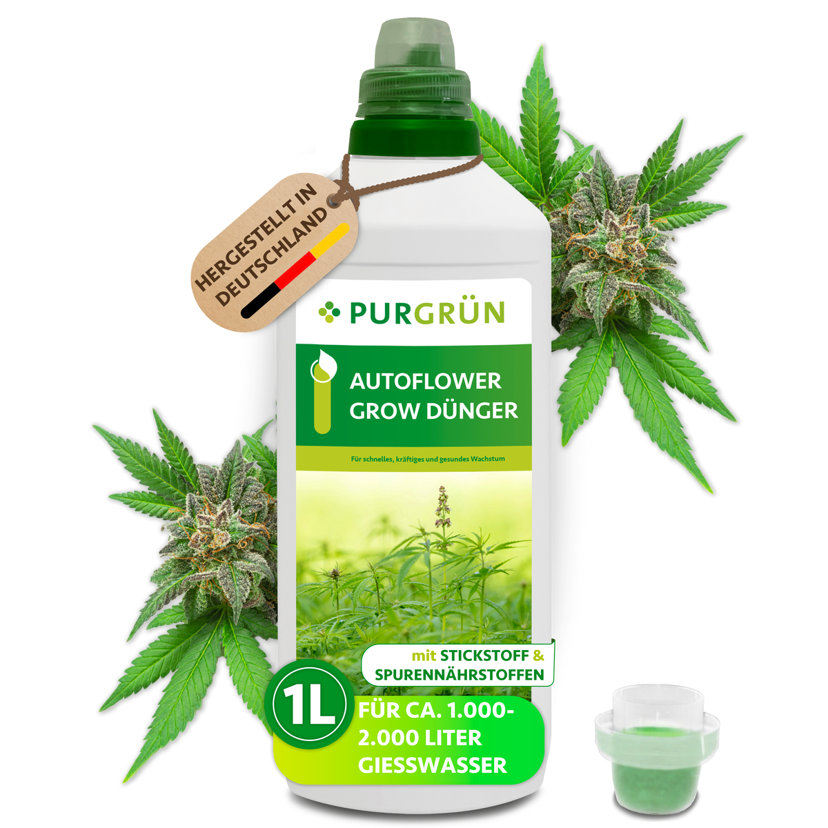 1-Liter-Flasche Purgrün Autoflower-Grow-Dünger mit Dosierkappe, Cannabisblüten und Hinweis auf ca. 1.000–2.000 Liter Gießwasser.