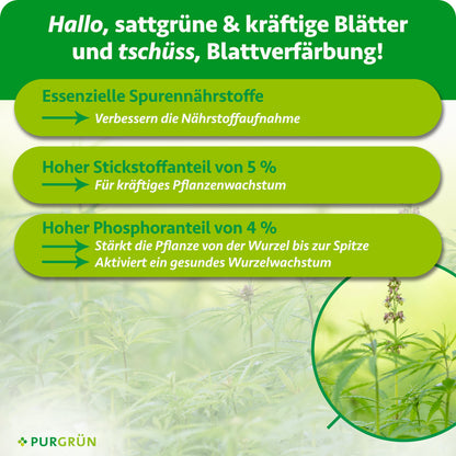 Essenzielle Spurennährstoffe verbessern die Nährstoffaufnahme; 5 % Stickstoff fördern kräftiges Pflanzenwachstum. 4 % Phosphor stärkt die Pflanze und aktiviert gesundes Wurzelwachstum.