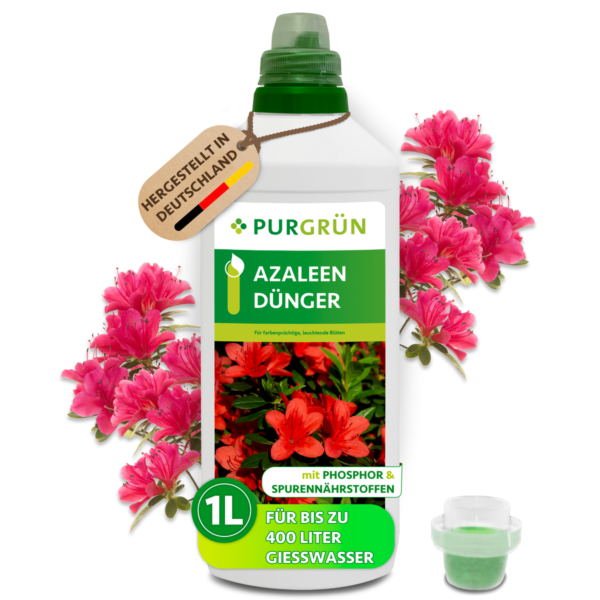 Purgrün Azaleen-Dünger im 1-Liter-Kanister mit Dosierkappe und pinken Azaleen; reicht für bis zu 400 Liter Gießwasser.