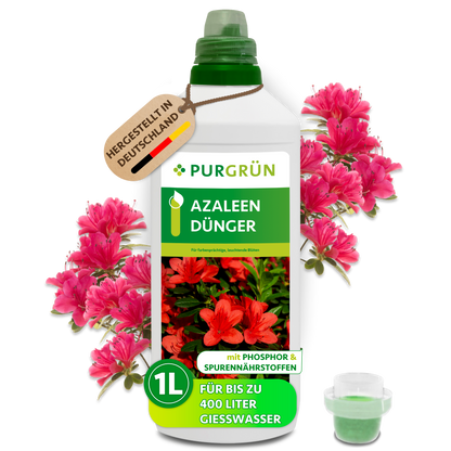 Purgrün Azaleen-Dünger im 1-Liter-Kanister mit Dosierkappe und pinken Azaleen; reicht für bis zu 400 Liter Gießwasser.
