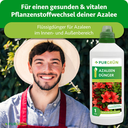 Azaleen-Flüssigdünger für einen gesunden, vitalen Pflanzenstoffwechsel im Innen- und Außenbereich, gezeigt neben einem lächelnden Gärtner.