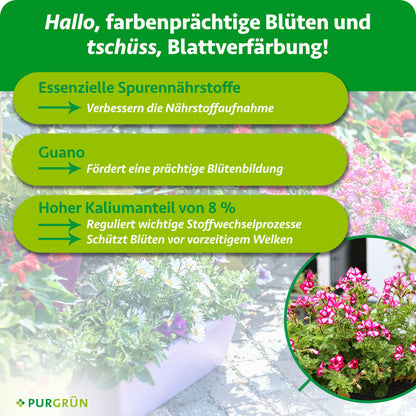 Essenzielle Spurennährstoffe verbessern die Nährstoffaufnahme, Guano fördert die Blütenbildung. 8 % Kalium regulieren wichtige Stoffwechselprozesse und schützen Blüten vor vorzeitigem Welken.