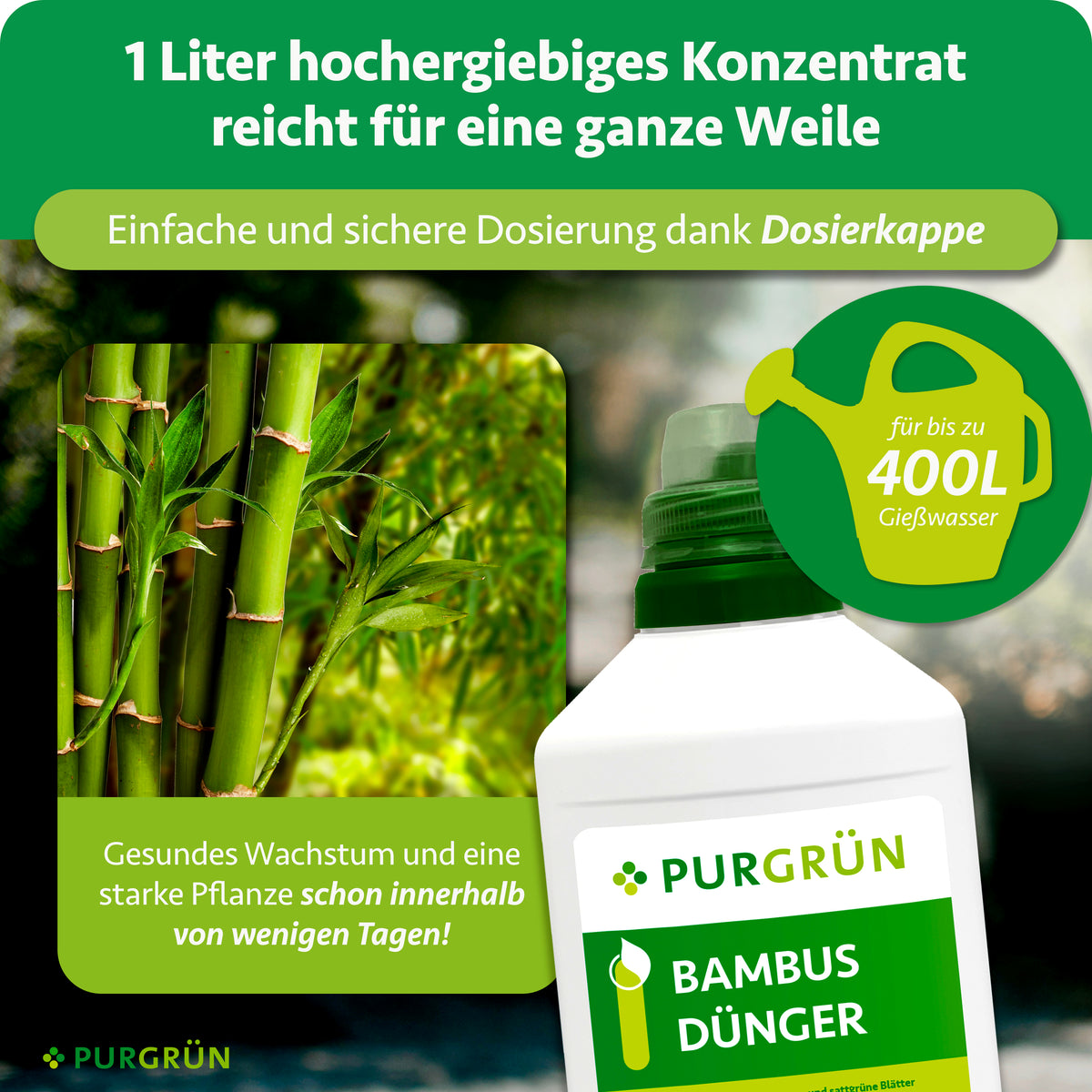 1 Liter hochergiebiges Konzentrat reicht für bis zu 400 Liter Gießwasser und lässt sich mit der Dosierkappe einfach und sicher dosieren.