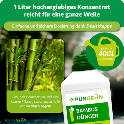 1 Liter hochergiebiges Konzentrat reicht für bis zu 400 Liter Gießwasser und lässt sich mit der Dosierkappe einfach und sicher dosieren.