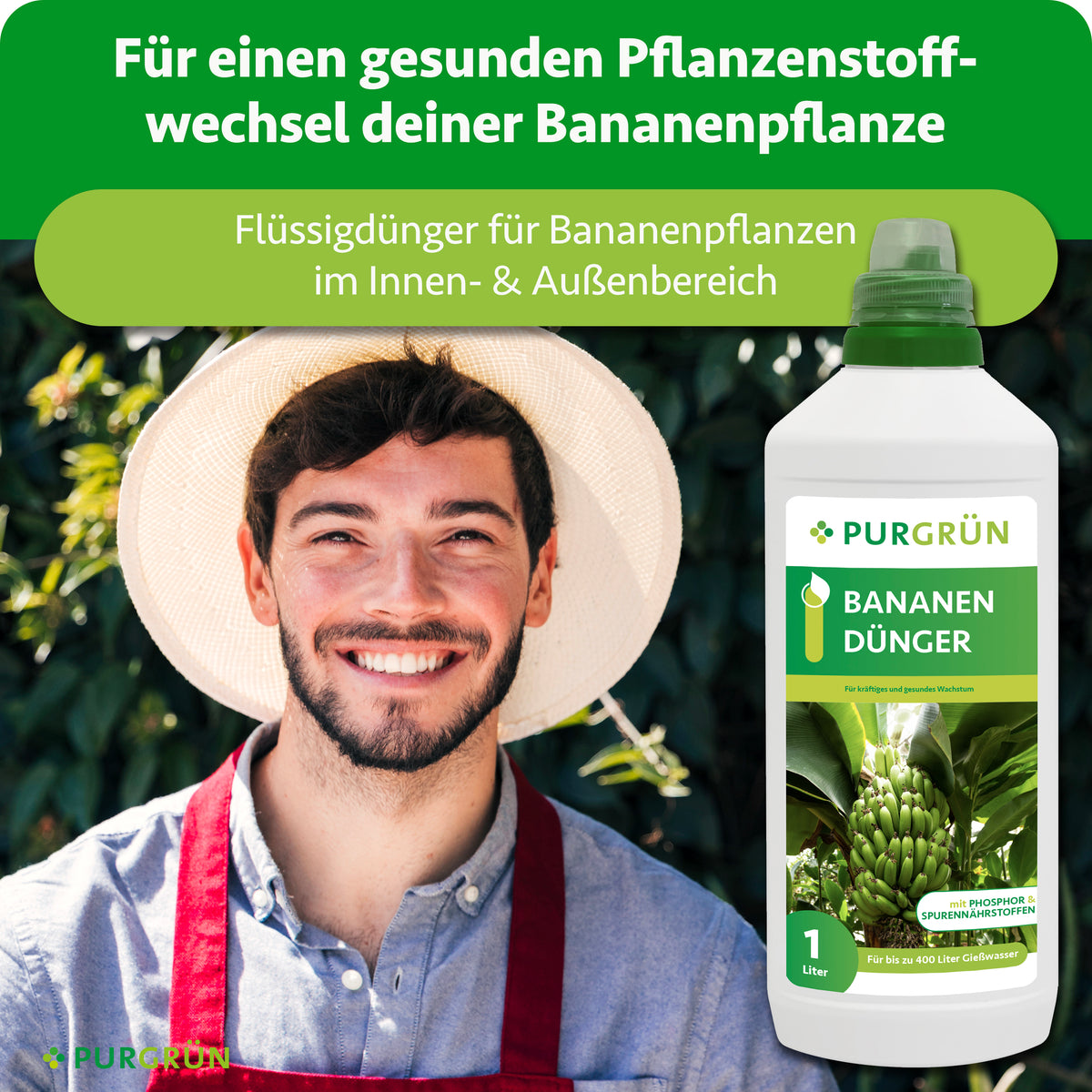 Flüssigdünger für Bananenpflanzen im Innen- und Außenbereich, dargestellt neben einem lächelnden Gärtner.