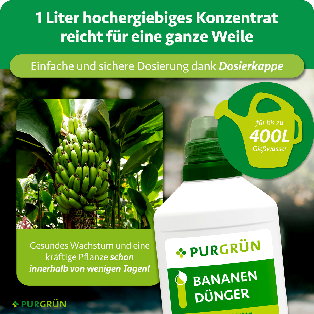 1 Liter Konzentrat für bis zu 400 Liter Gießwasser, mit Dosierkappe zur einfachen und sicheren Dosierung.