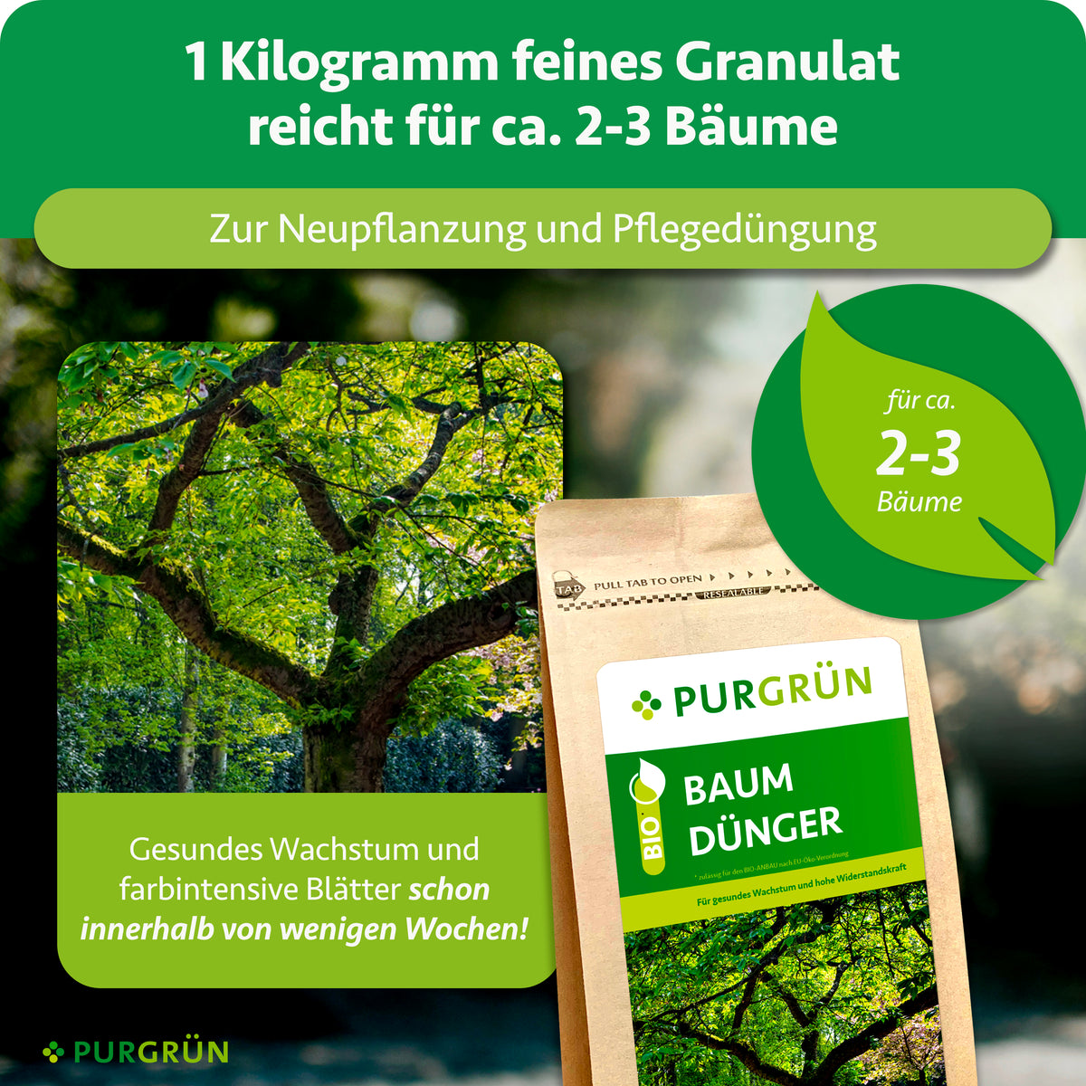 1 kg feines Granulat reicht für ca. 2–3 Bäume und eignet sich zur Neupflanzung sowie Pflegedüngung.