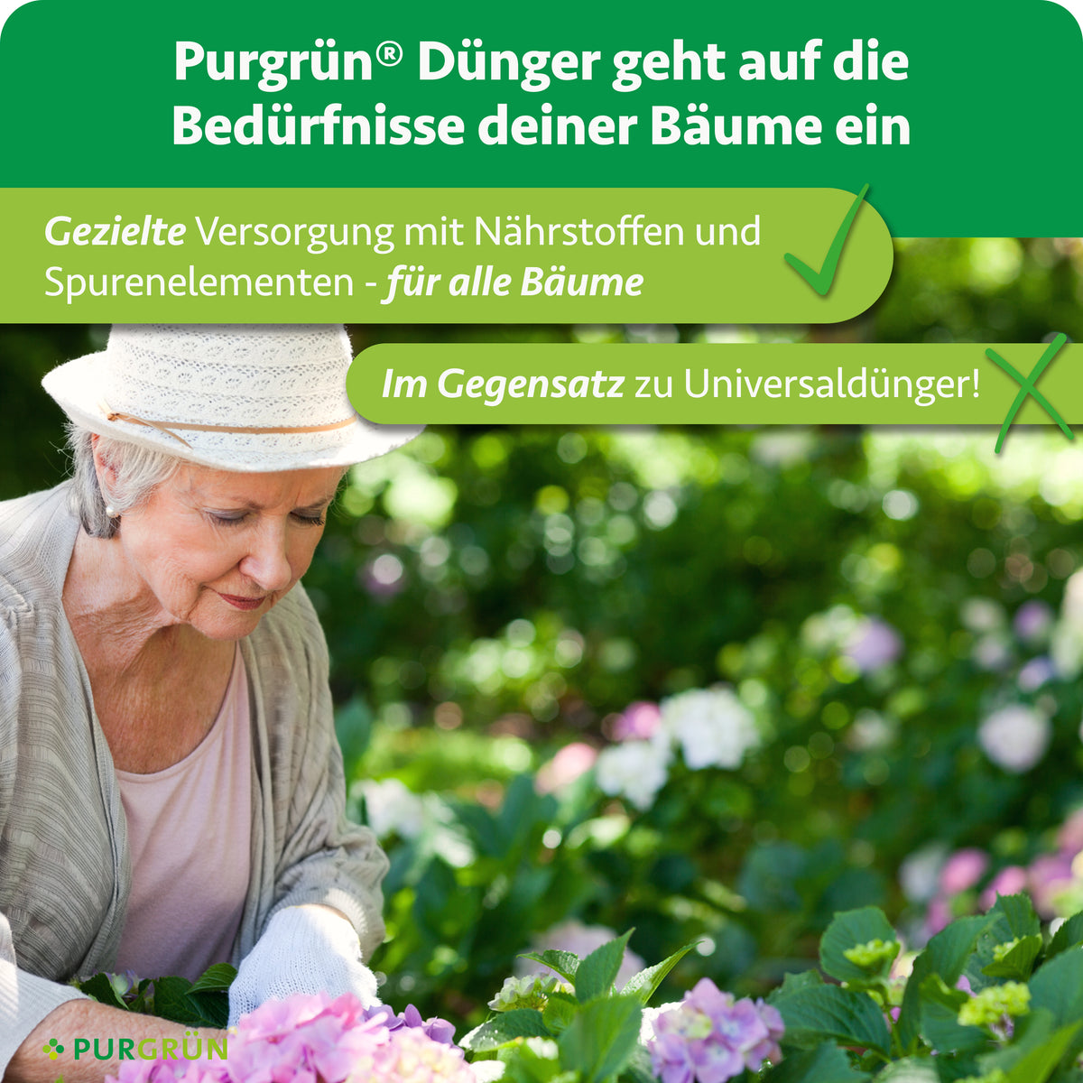 Purgrün Baumdünger versorgt alle Bäume gezielt mit Nährstoffen und Spurenelementen – im Gegensatz zu Universaldünger.