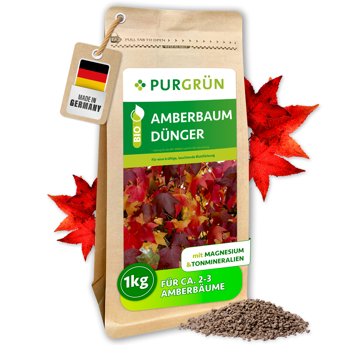 Purgrün Bio-Amberbaum-Dünger im 1-kg-Beutel für ca. 2–3 Amberbäume, mit roten Blättern und feinem Granulat.