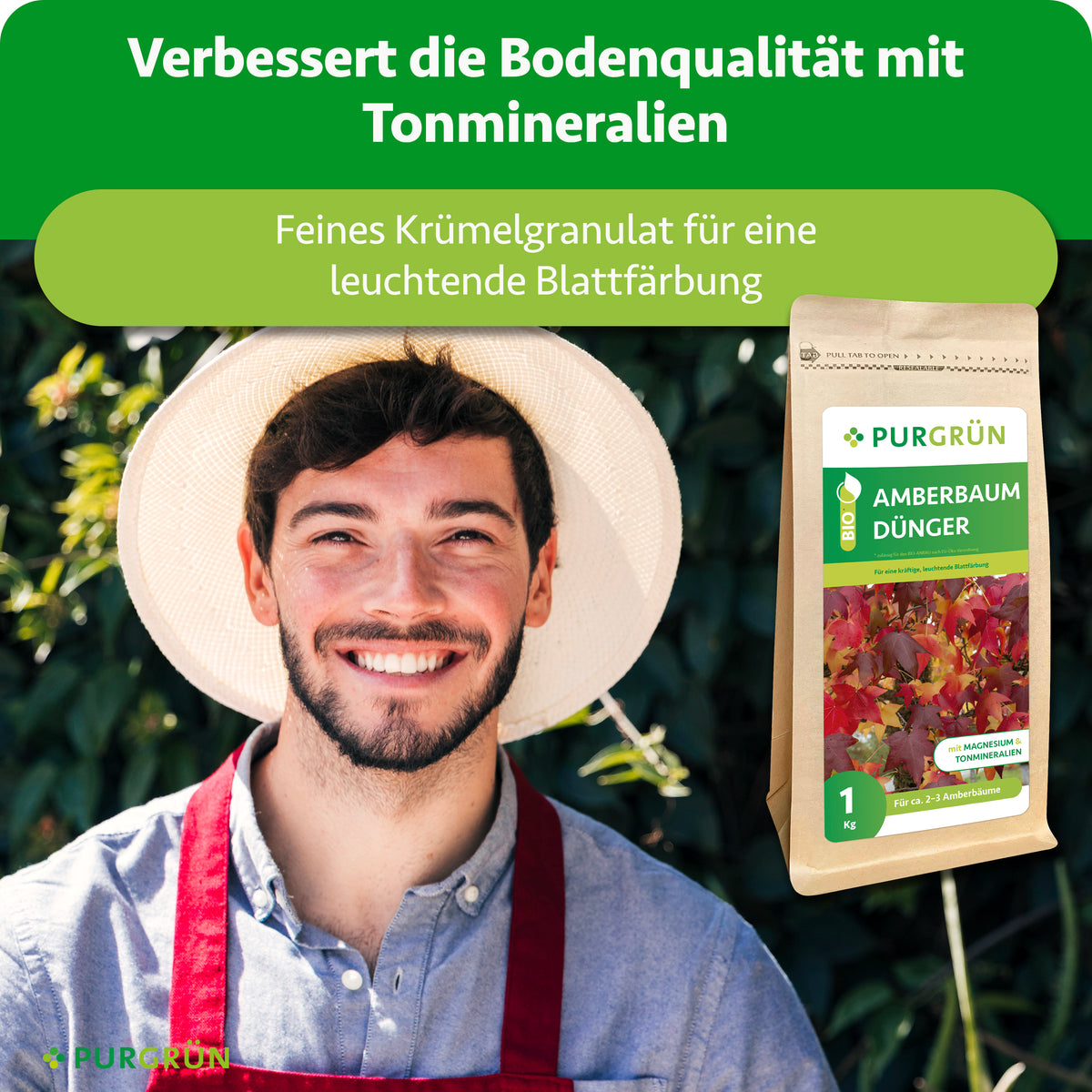 Tonmineralien verbessern die Bodenqualität; feines Krümelgranulat unterstützt eine leuchtende Blattfärbung.