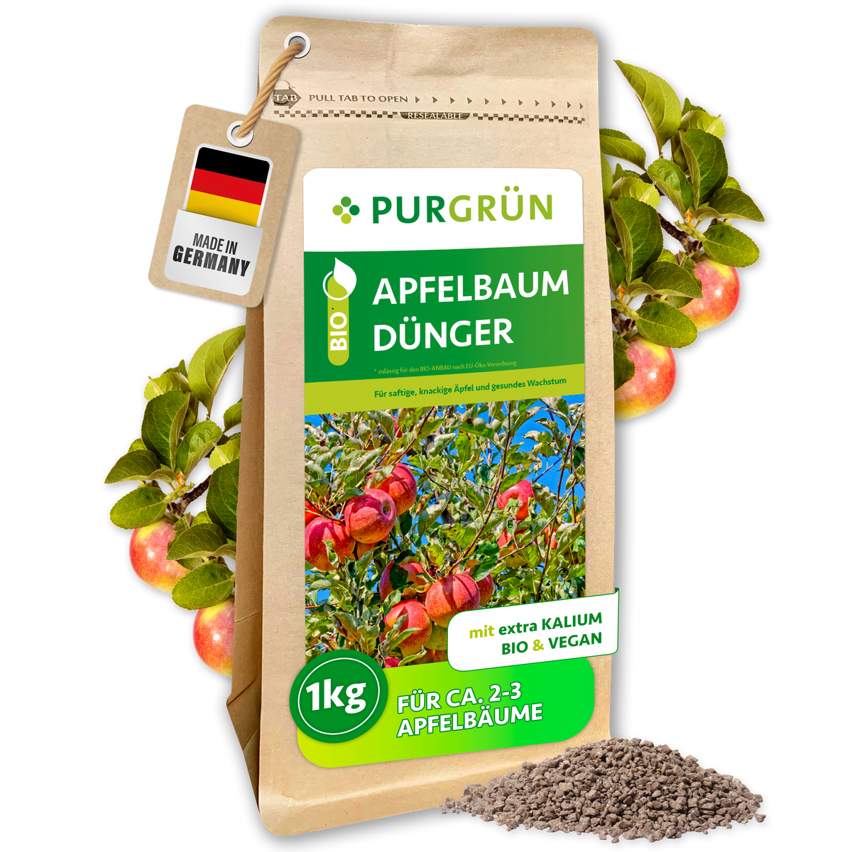 Purgrün Bio-Apfelbaum-Dünger im 1-kg-Beutel, vegan und mit extra Kalium, umgeben von Äpfeln und Granulat.