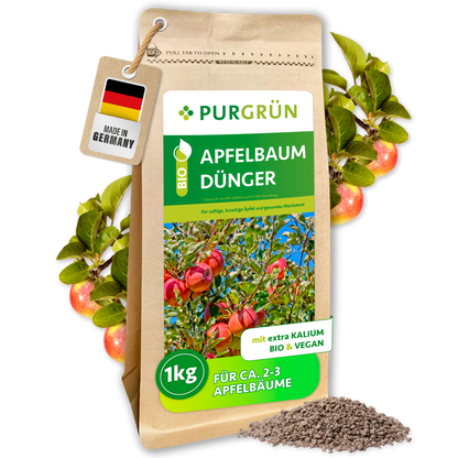Purgrün Bio-Apfelbaum-Dünger im 1-kg-Beutel, vegan und mit extra Kalium, umgeben von Äpfeln und Granulat.