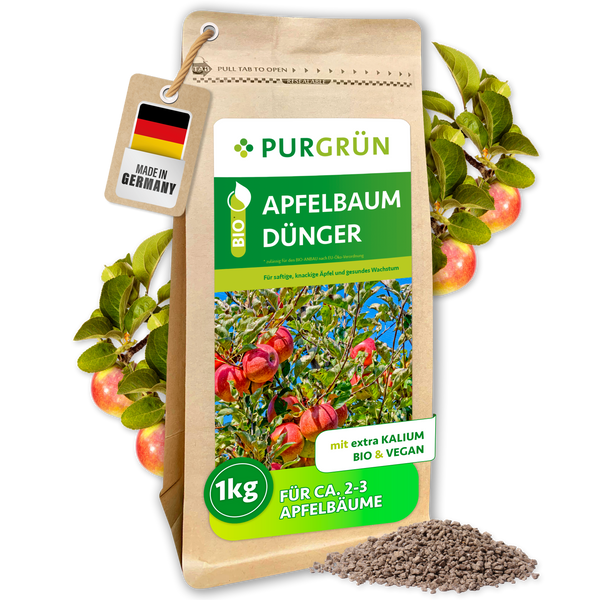 Purgrün Bio-Apfelbaum-Dünger im 1-kg-Beutel, vegan und mit extra Kalium, umgeben von Äpfeln und Granulat.