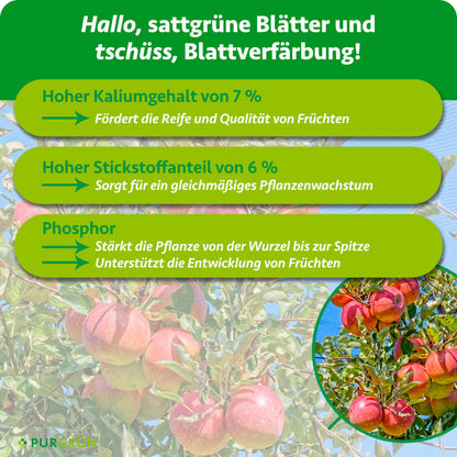 7 % Kalium fördern Reife und Fruchtqualität, 6 % Stickstoff gleichmäßiges Wachstum; Phosphor stärkt die Pflanze und unterstützt die Fruchtentwicklung.
