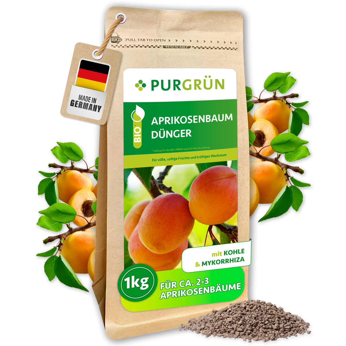 Wiederverschließbarer Beutel Purgrün Bio-Aprikosenbaum-Dünger, 1 kg, mit Aprikosenzweigen und feinem Granulat.