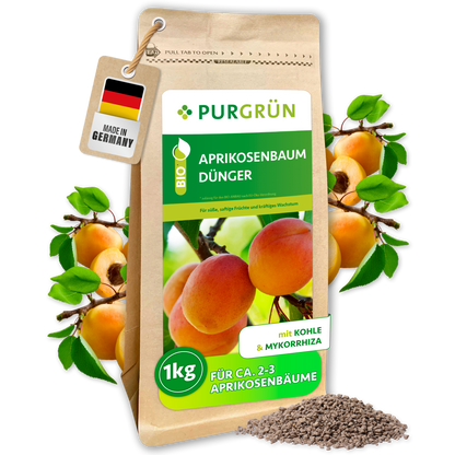 Wiederverschließbarer Beutel Purgrün Bio-Aprikosenbaum-Dünger, 1 kg, mit Aprikosenzweigen und feinem Granulat.