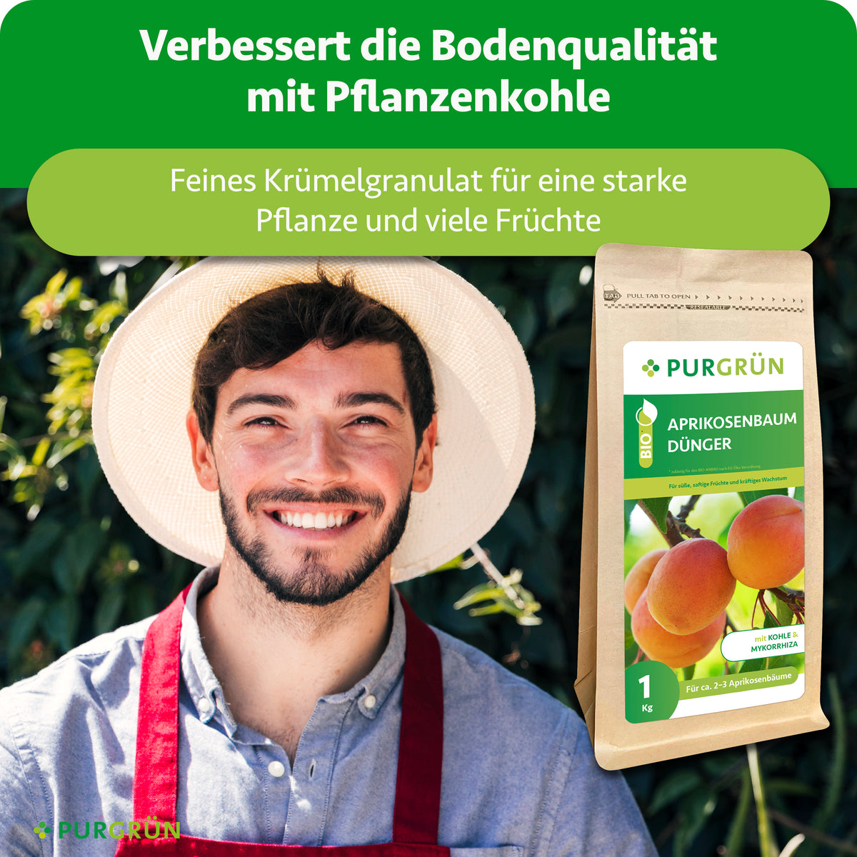 Purgrün Bio-Aprikosenbaum-Dünger verbessert laut Darstellung mit Pflanzenkohle die Bodenqualität; feines Krümelgranulat unterstützt eine starke Pflanze und viele Früchte.