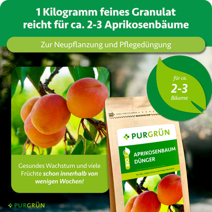 1 kg feines Granulat reicht für ca. 2–3 Aprikosenbäume und eignet sich zur Neupflanzung und Pflegedüngung. Die Darstellung verspricht gesundes Wachstum und viele Früchte schon innerhalb weniger Wochen.