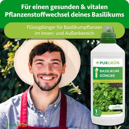 Lächelnder Gärtner neben Purgrün Basilikum-Dünger; der Flüssigdünger ist für einen gesunden, vitalen Pflanzenstoffwechsel im Innen- und Außenbereich ausgewiesen.