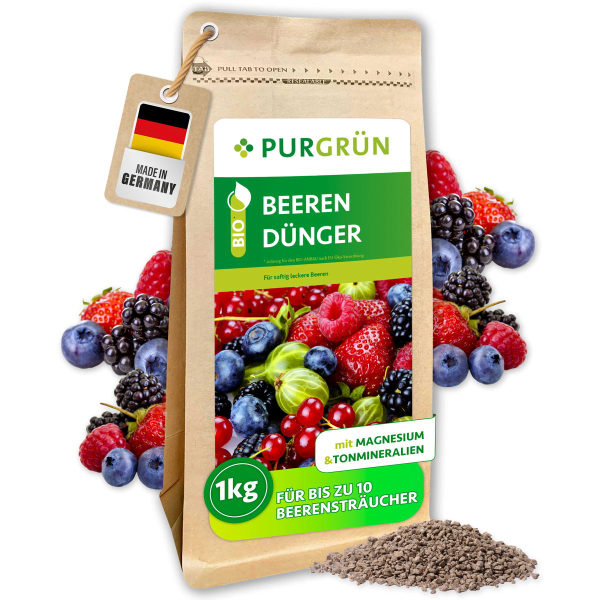 Purgrün Bio-Beerendünger im 1-kg-Beutel mit Beerenmotiv, umgeben von Beeren und feinem Granulat.
