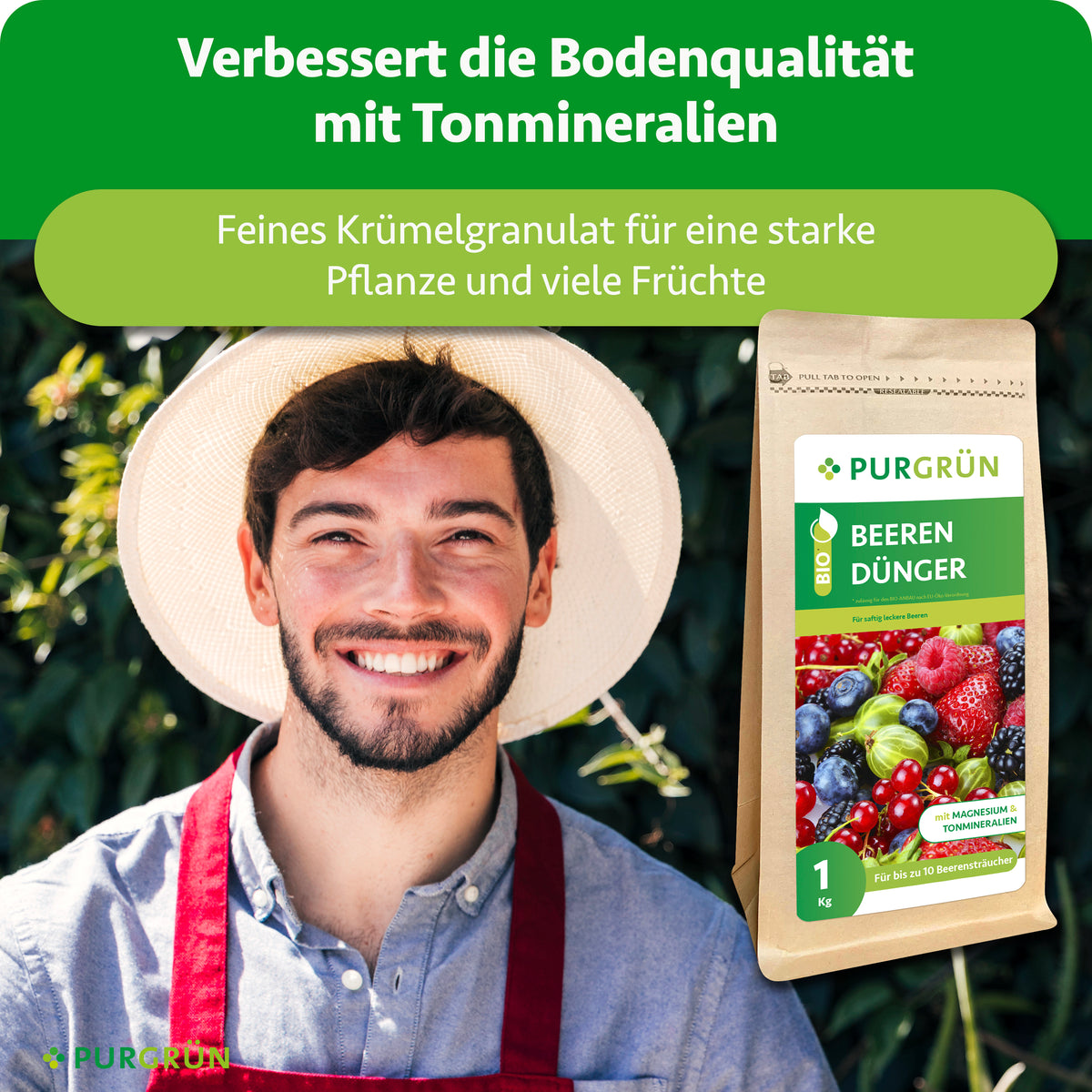 Tonmineralien verbessern laut Grafik die Bodenqualität; feines Krümelgranulat unterstützt eine starke Pflanze und viele Früchte.