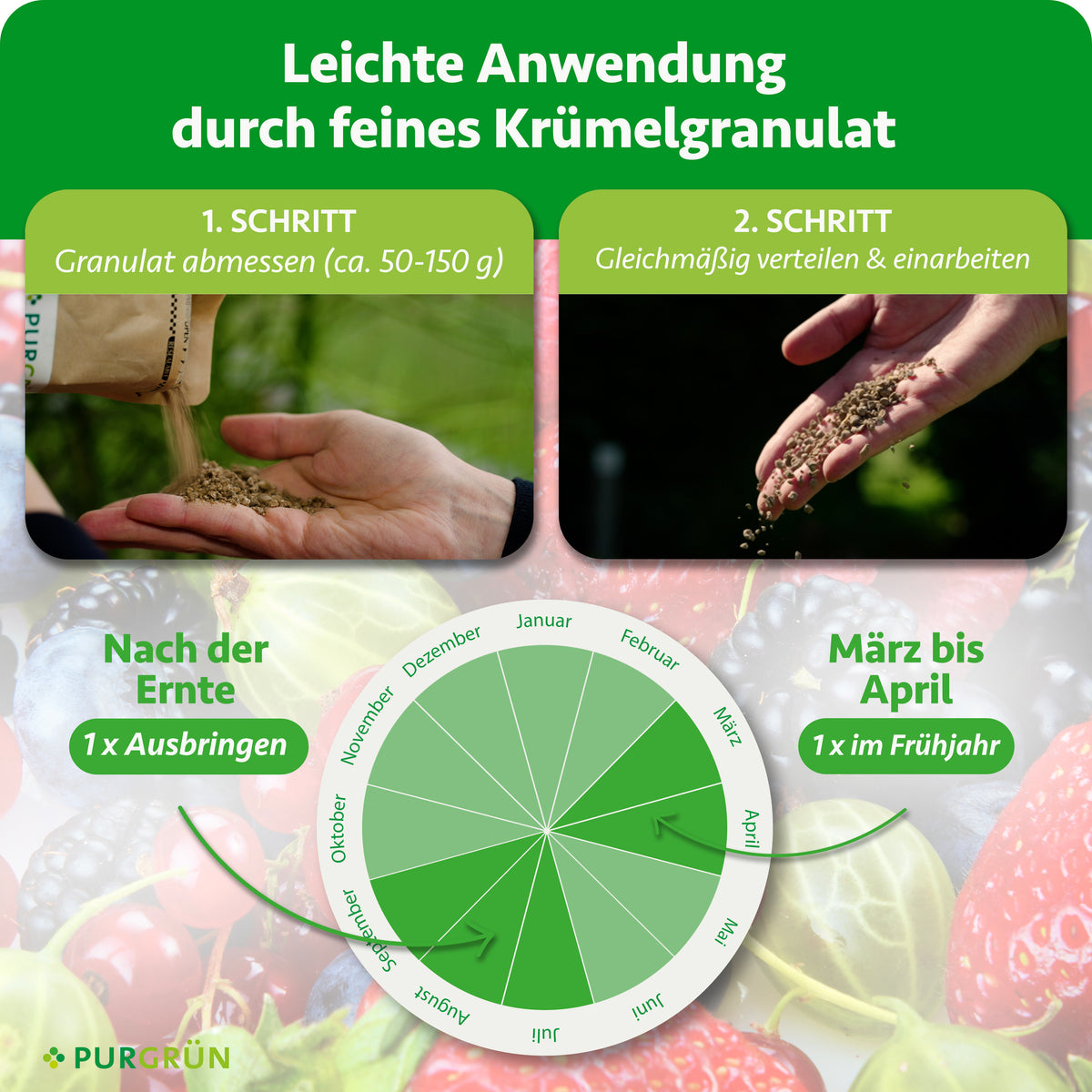 Anwendung: 50–150 g Granulat abmessen, gleichmäßig verteilen und einarbeiten. Einmal von März bis April und einmal nach der Ernte ausbringen.