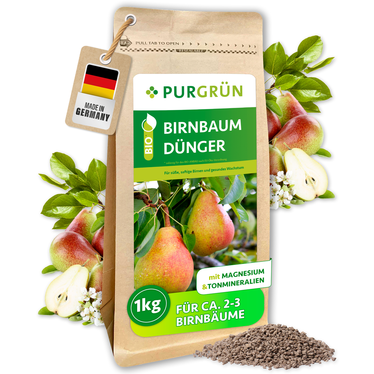 Purgrün Bio-Birnbaum-Dünger im 1-kg-Beutel mit Magnesium und Tonmineralien, umgeben von Birnen und feinem Granulat.