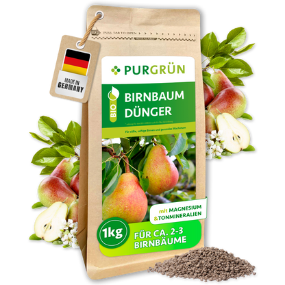 Purgrün Bio-Birnbaum-Dünger im 1-kg-Beutel mit Magnesium und Tonmineralien, umgeben von Birnen und feinem Granulat.