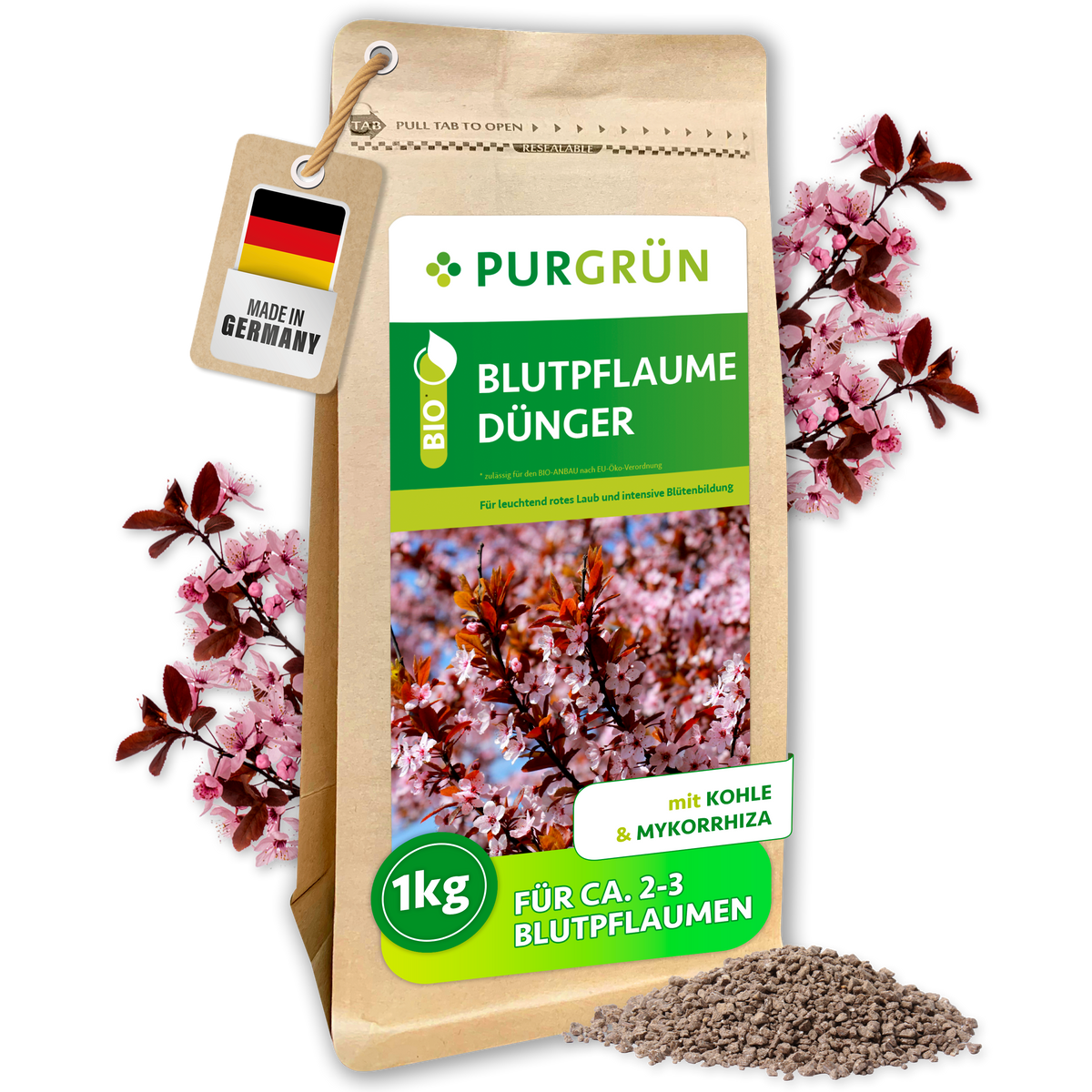 Purgrün Bio-Blutpflaume-Dünger, 1 kg, im Standbeutel mit Blütenmotiv und losem Granulat; mit Kohle und Mykorrhiza.