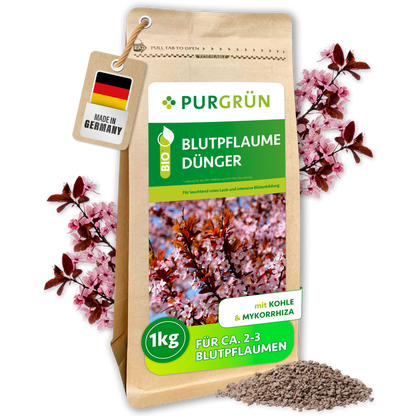Purgrün Bio-Blutpflaume-Dünger, 1 kg, im Standbeutel mit Blütenmotiv und losem Granulat; mit Kohle und Mykorrhiza.