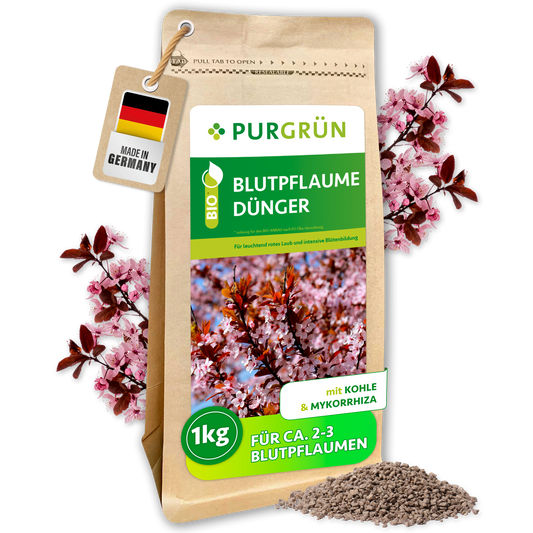 Purgrün Bio-Blutpflaume-Dünger, 1 kg, im Standbeutel mit Blütenmotiv und losem Granulat; mit Kohle und Mykorrhiza.